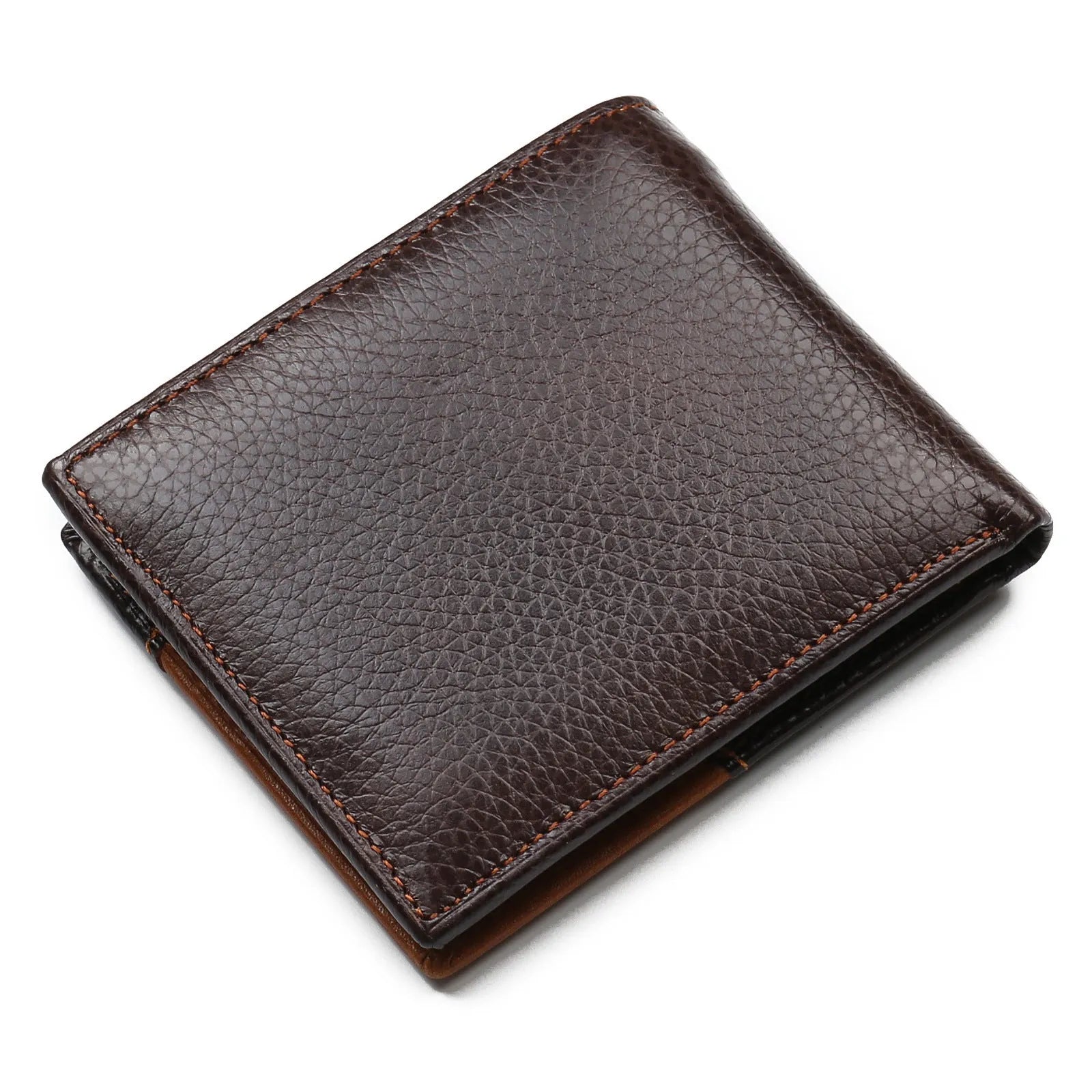 Korean style horizontal leather wallet with personality stitching, open to show bill holder, card slots and zipper compartment.