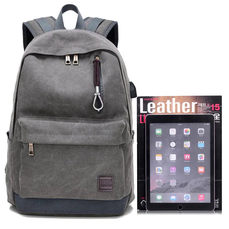 Canvas backpack with USB charging port showing coffee colour variant