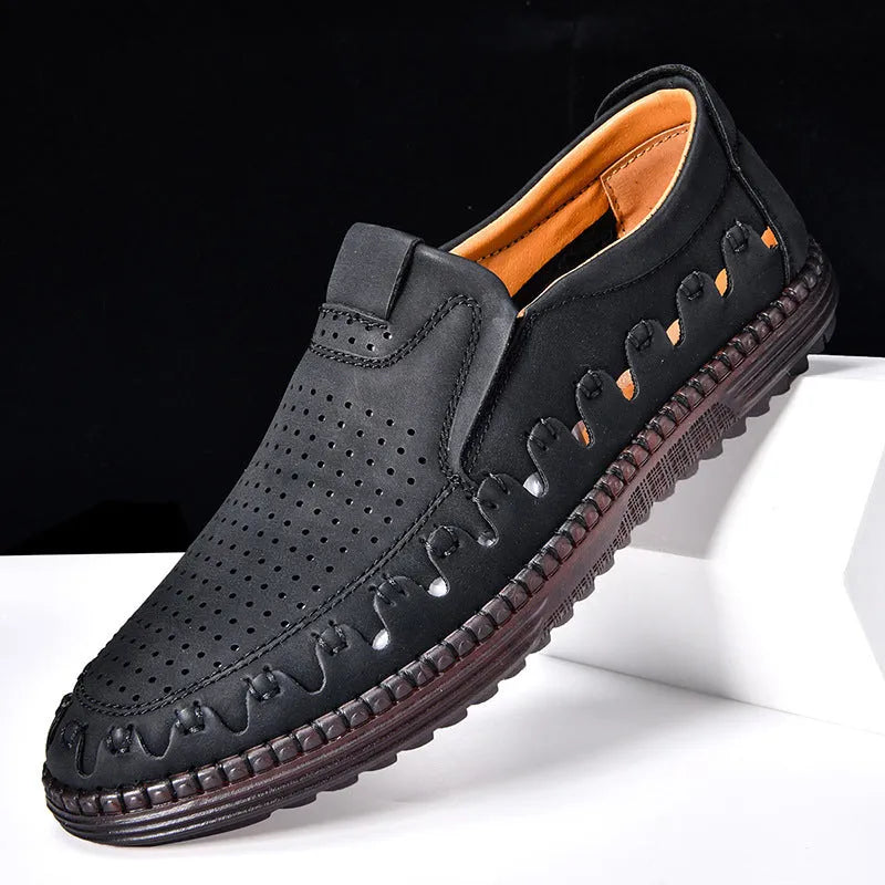 Men's brown slip-on casual shoes with round toe and visible sewing construction on artificial PU upper