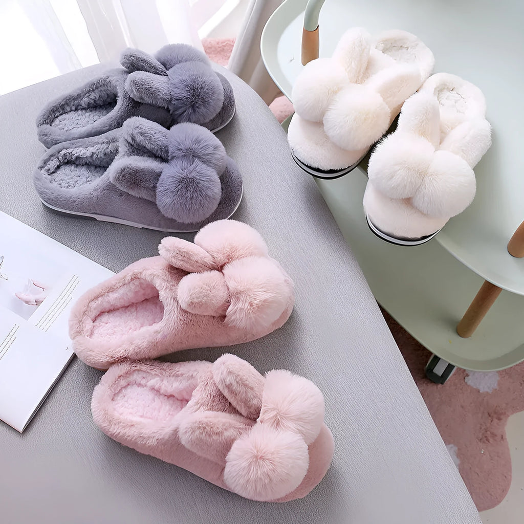 Women's rabbit fur winter slippers in cream with high upper and floral pattern