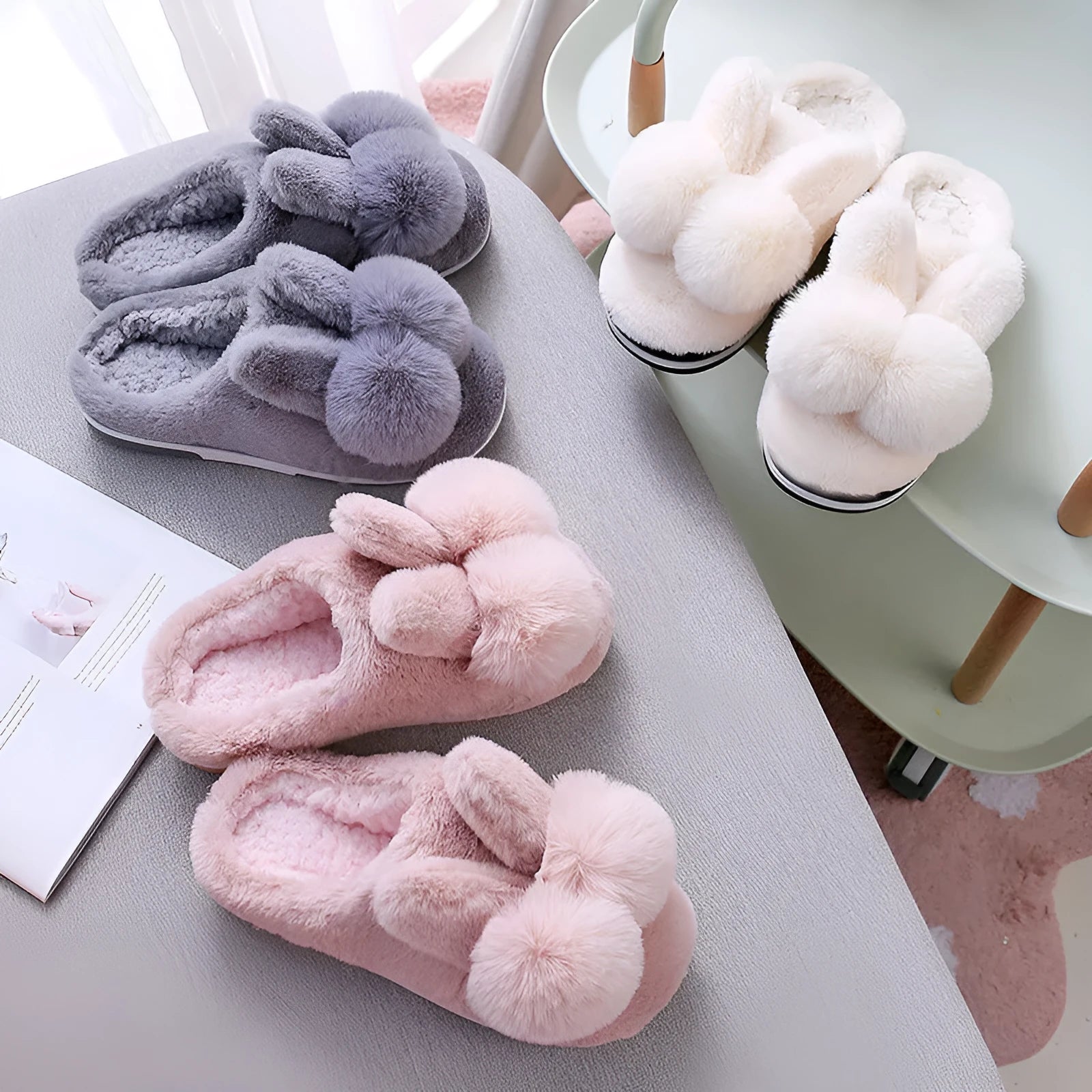 Women's rabbit fur winter slippers in cream with high upper and floral pattern