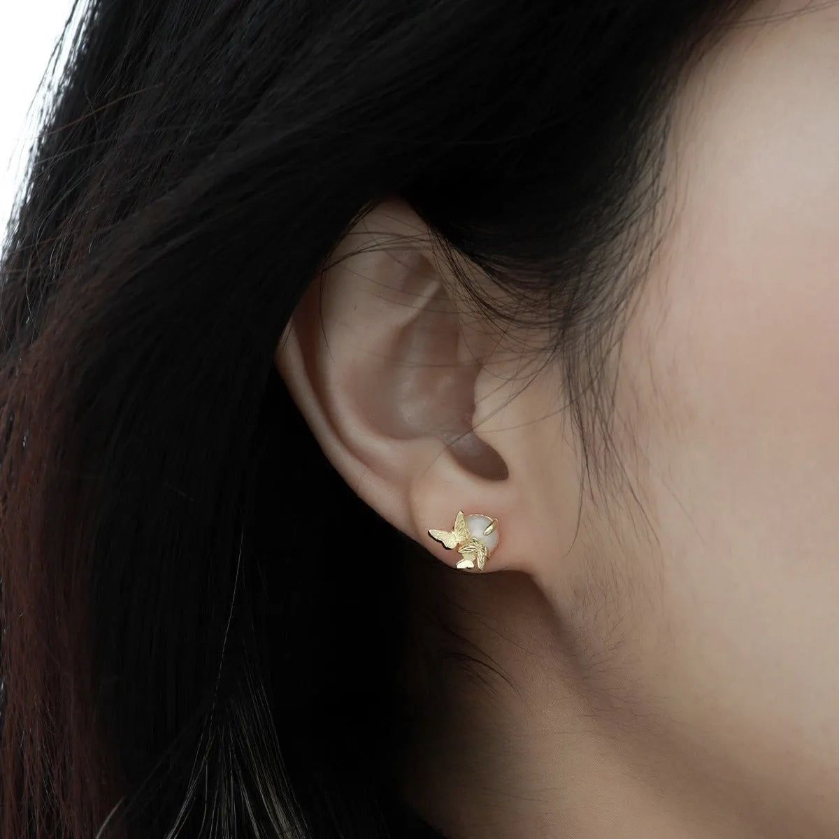 Butterfly design ear studs made from 925 silver with gold or white gold colour electroplating.
