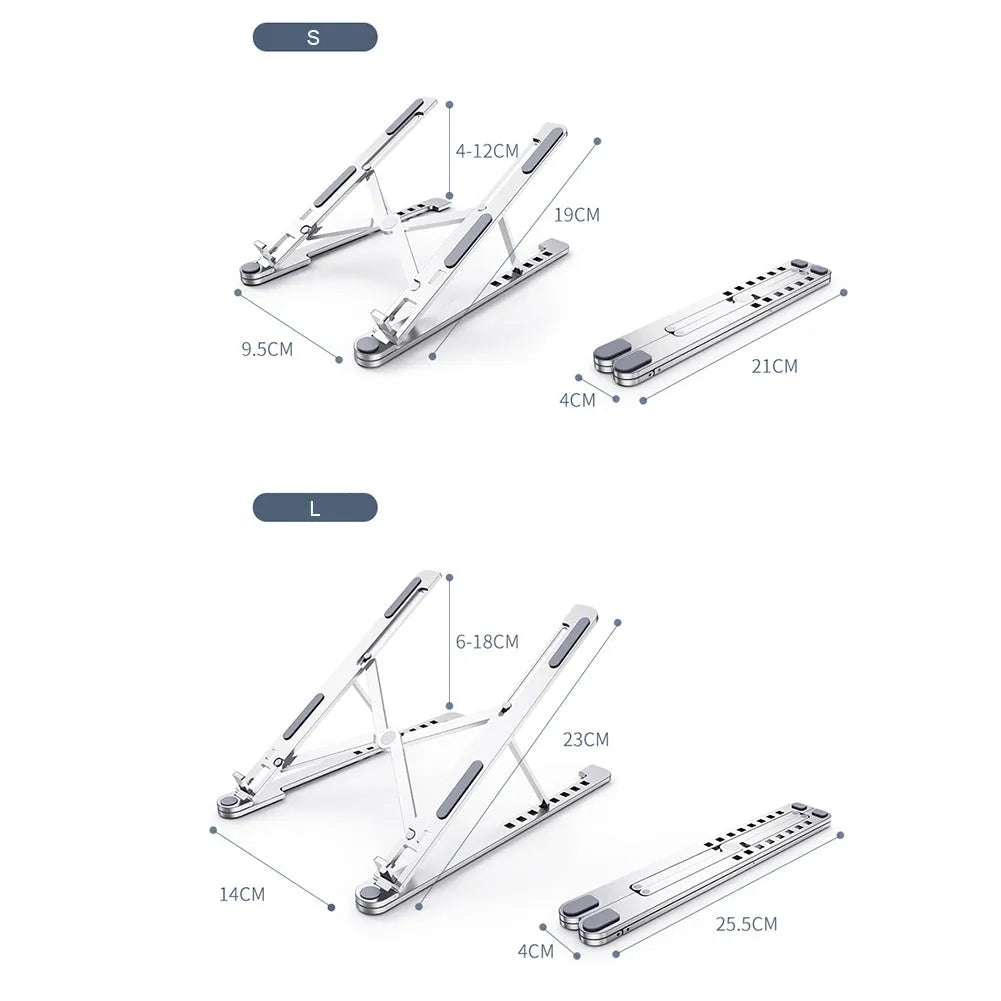 Foldable aluminium laptop stand in silver colour, shown in open and closed positions next to a laptop.