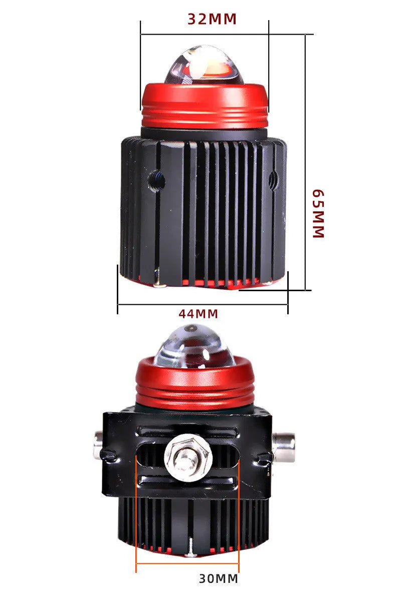 Small steel cannon 30W dual-color LED spotlight with red housing, copper heat strip, and fan, for motorcycle car SUV