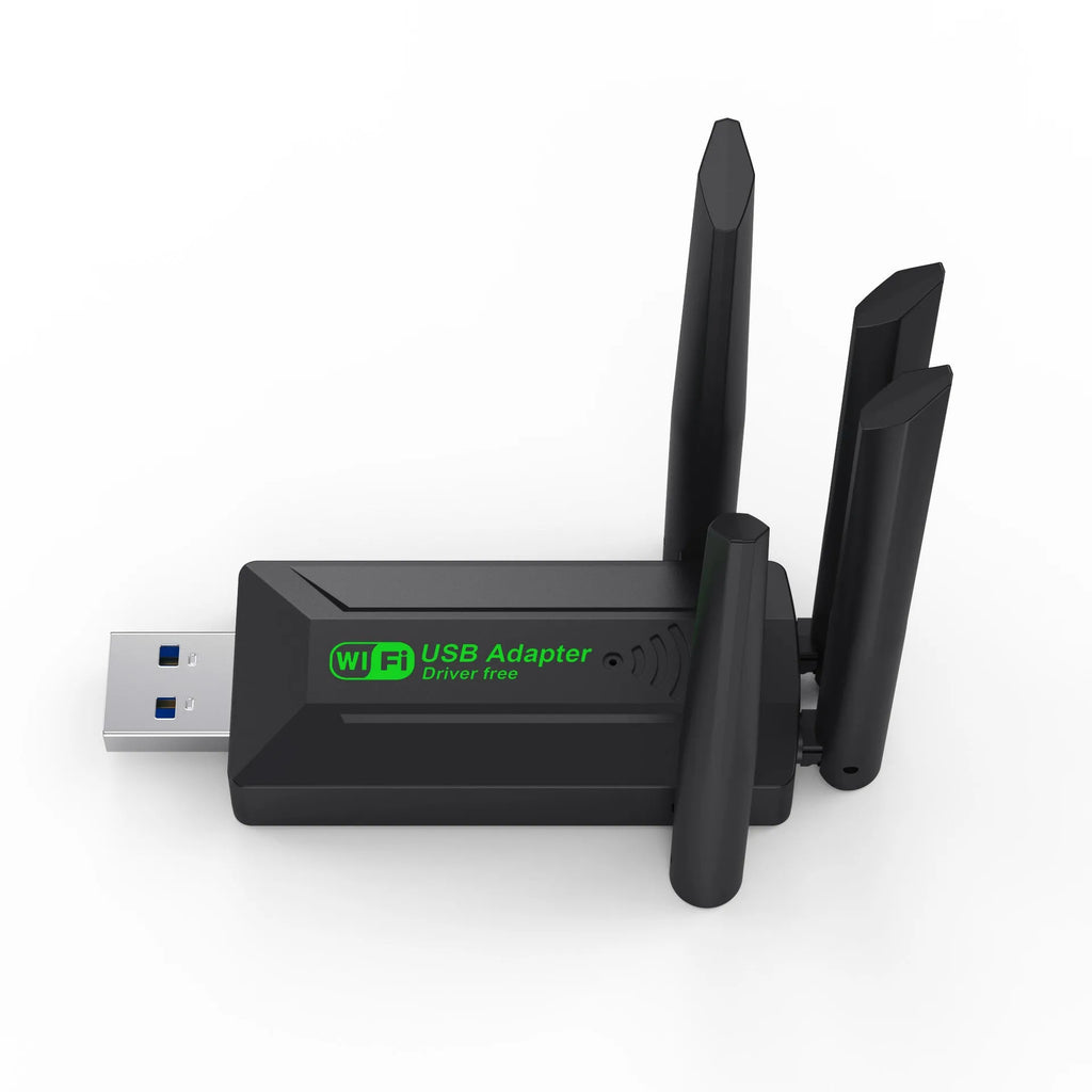 Black USB network transmitter with four antennas for computer signal coverage