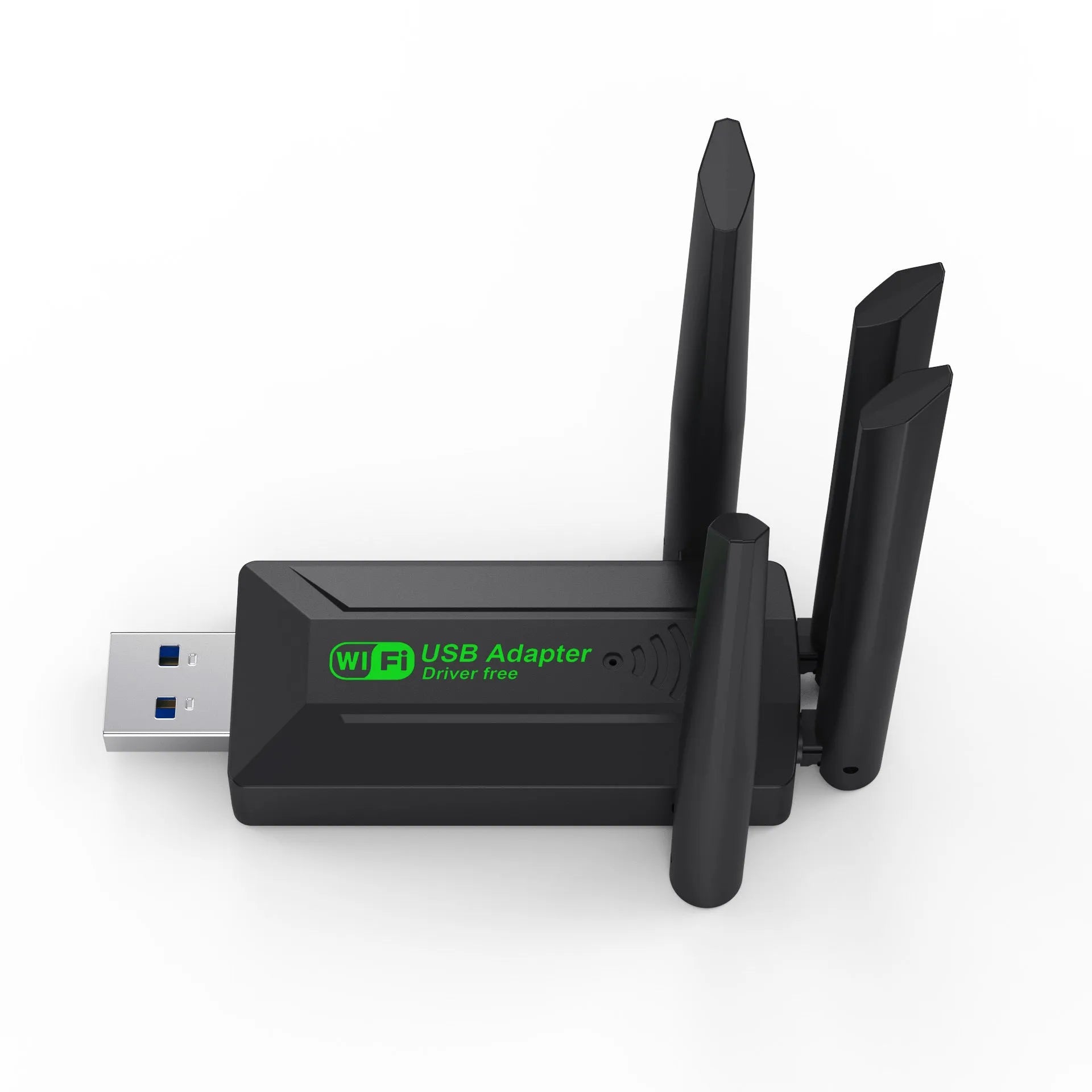 Black USB network transmitter with four antennas for computer signal coverage