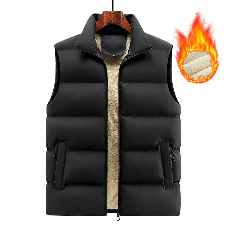 Men's striped lambswool vest in black, shown on a hanger, available in sizes up to 5XL.