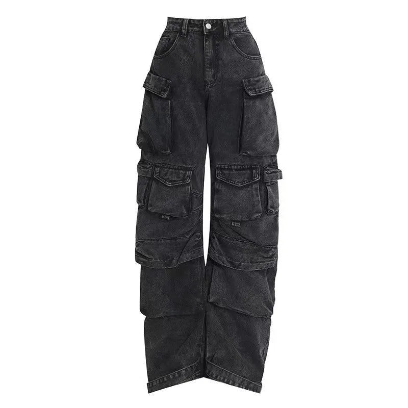 Women's high waist wide leg jeans with multiple pockets in street hipster style