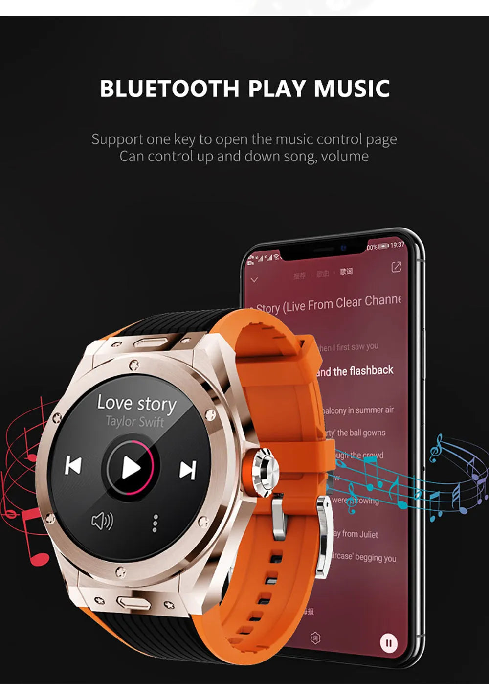 MV58 black smart watch with silicone strap showing health stats on its screen.