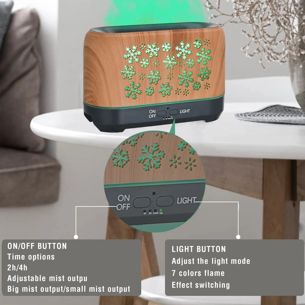 Square woodgrain aromatherapy humidifier with colourful snowflake pattern and multicoloured flame light effect.