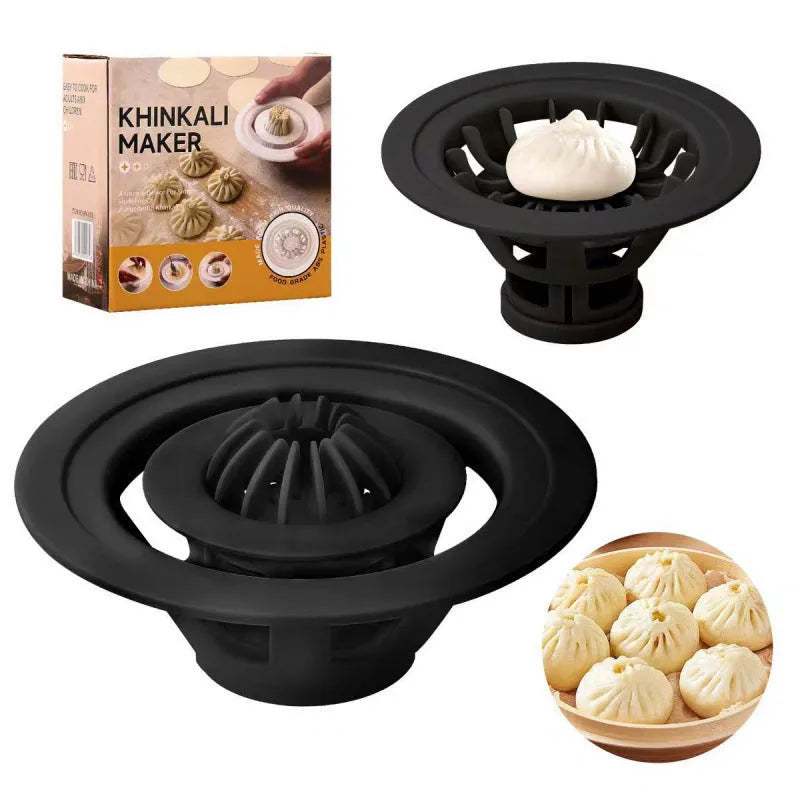 Set of four black Jinkali steamed bun and dumpling moulds on a kitchen counter