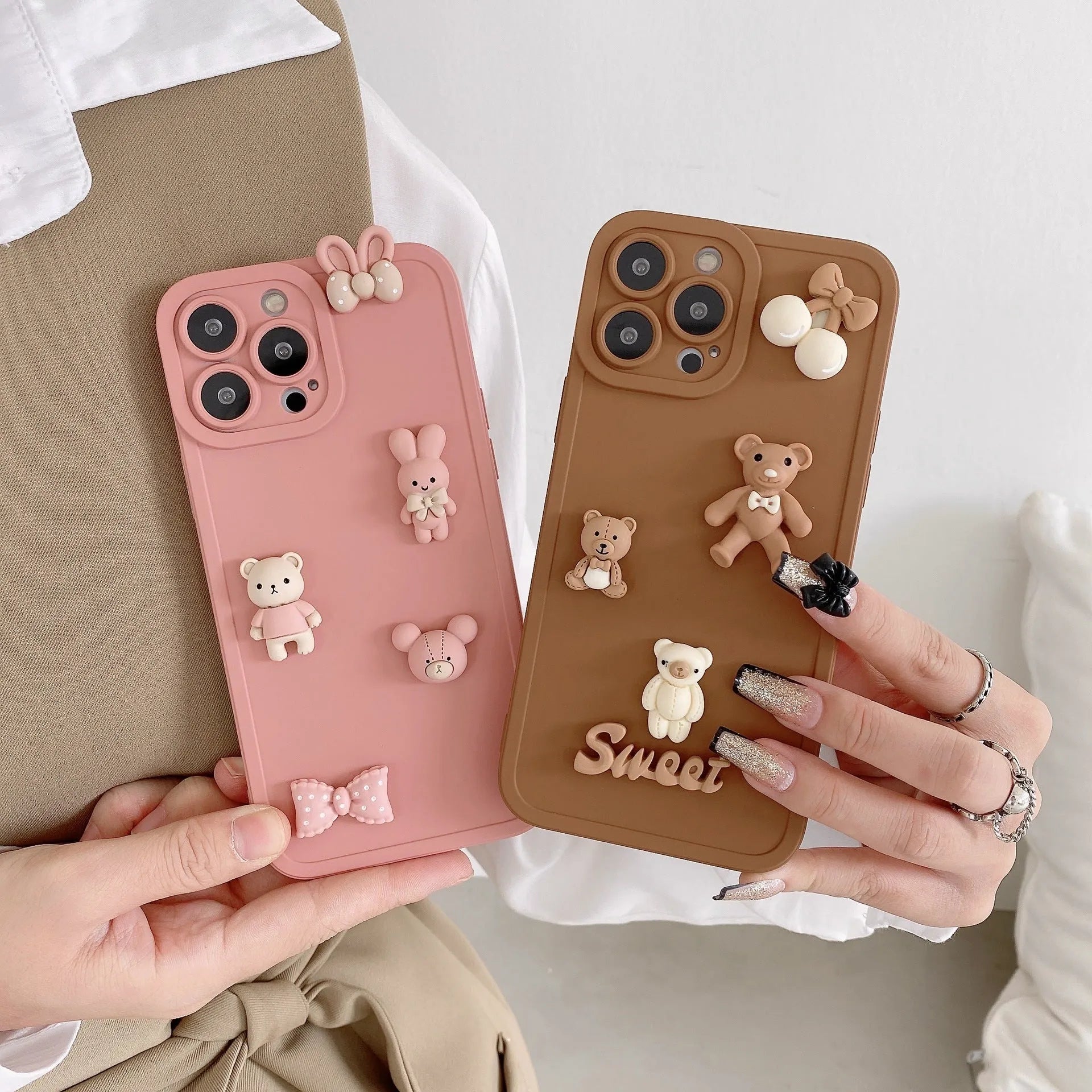 Angel Eyes TPU phone case for iPhone 13 in caramel colour with three-dimensional bear design