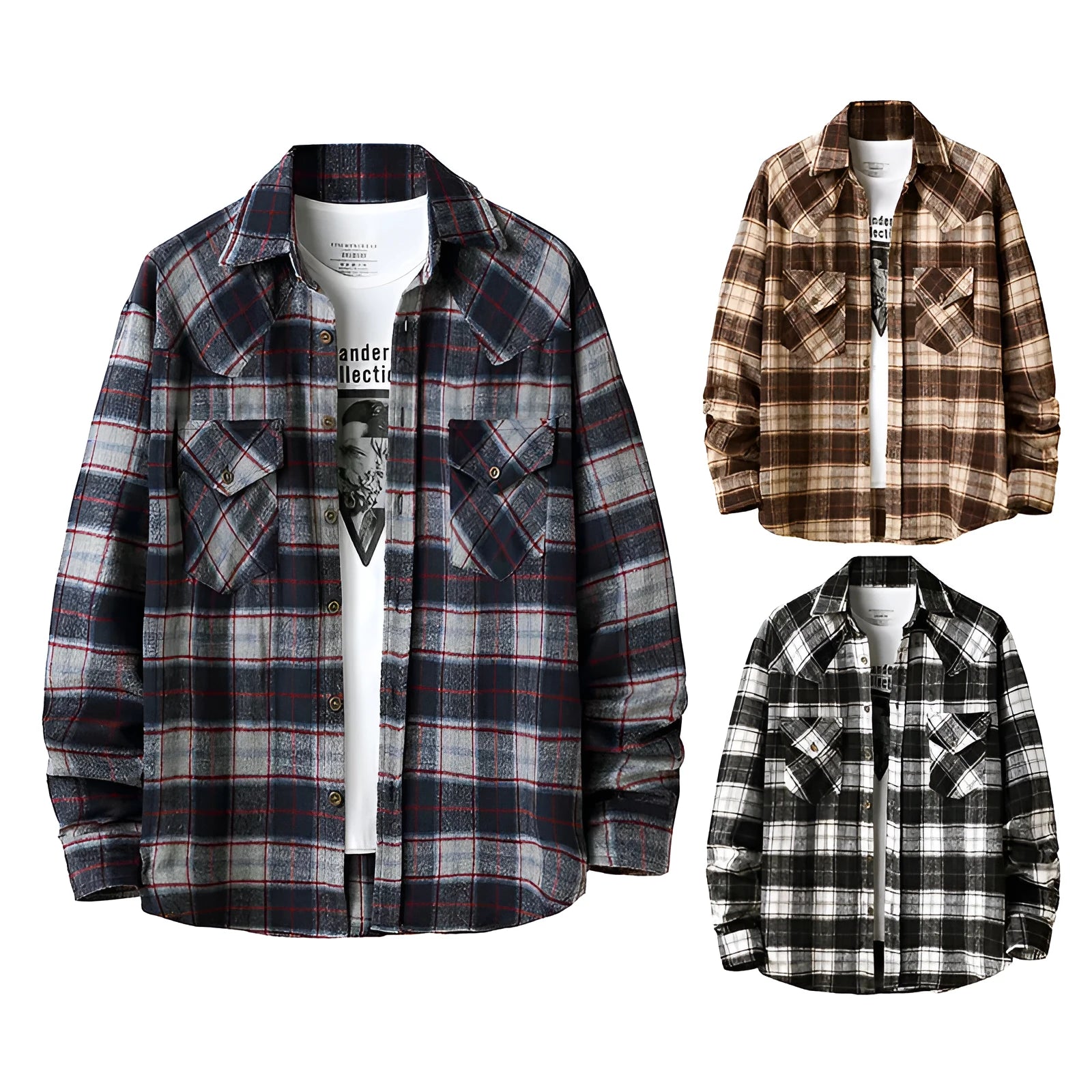 Men's long sleeve flannel plaid shirt jacket with corduroy contrast design on cuffs and collar, black colour