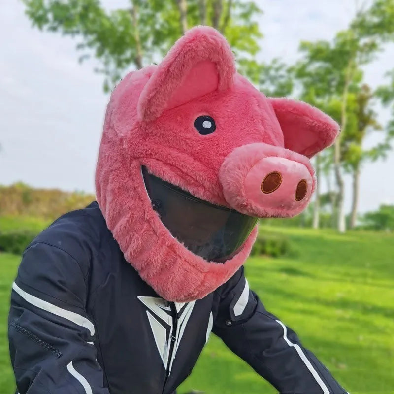 Pinkpig cartoon plush protective hood for motorcycle helmets made from soft pv velvet cloth.