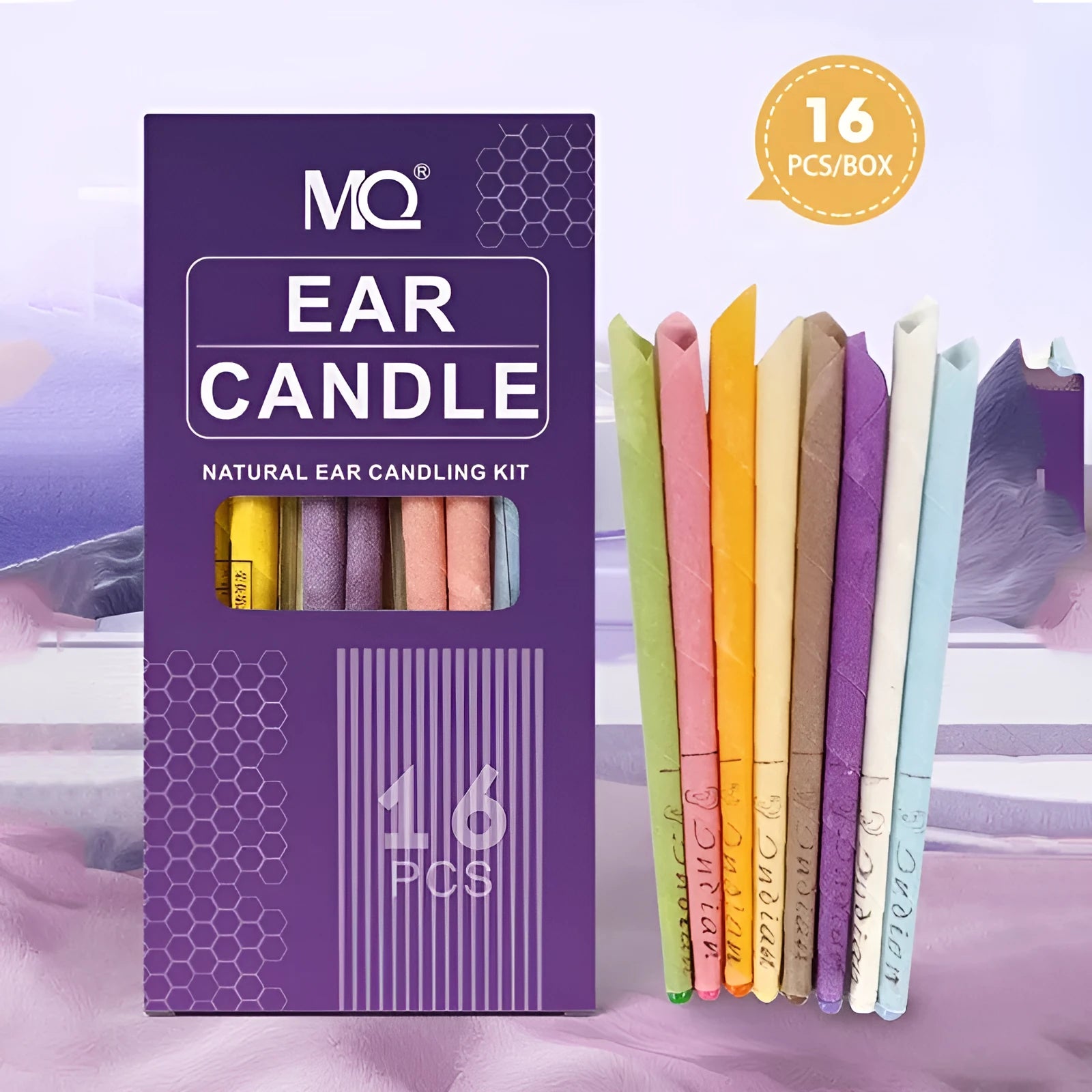 Ear candle health massage kit with 16 candles, 8 boards and 16 swabs in assorted colours