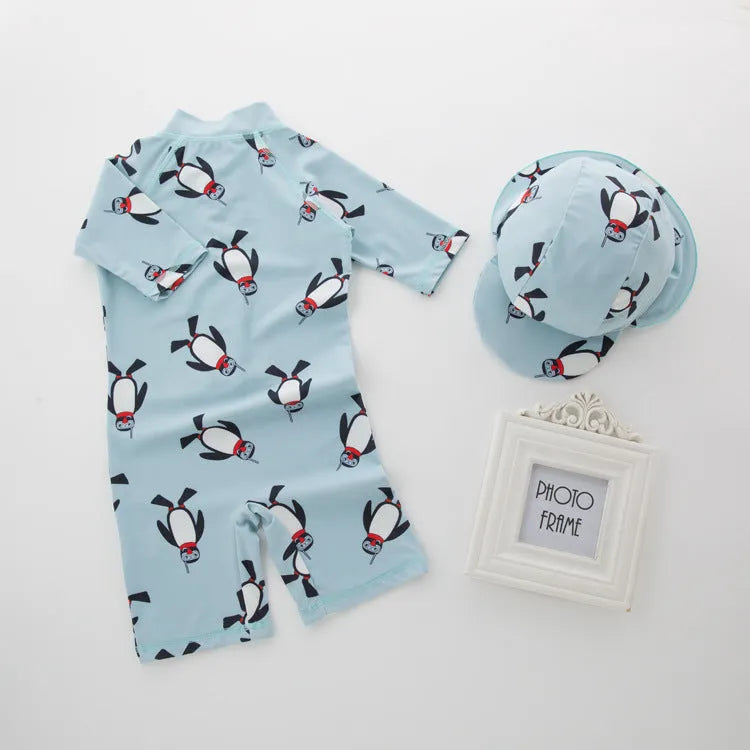 Boys' penguin print long sleeve swimming costume set with matching swim cap for sun protection