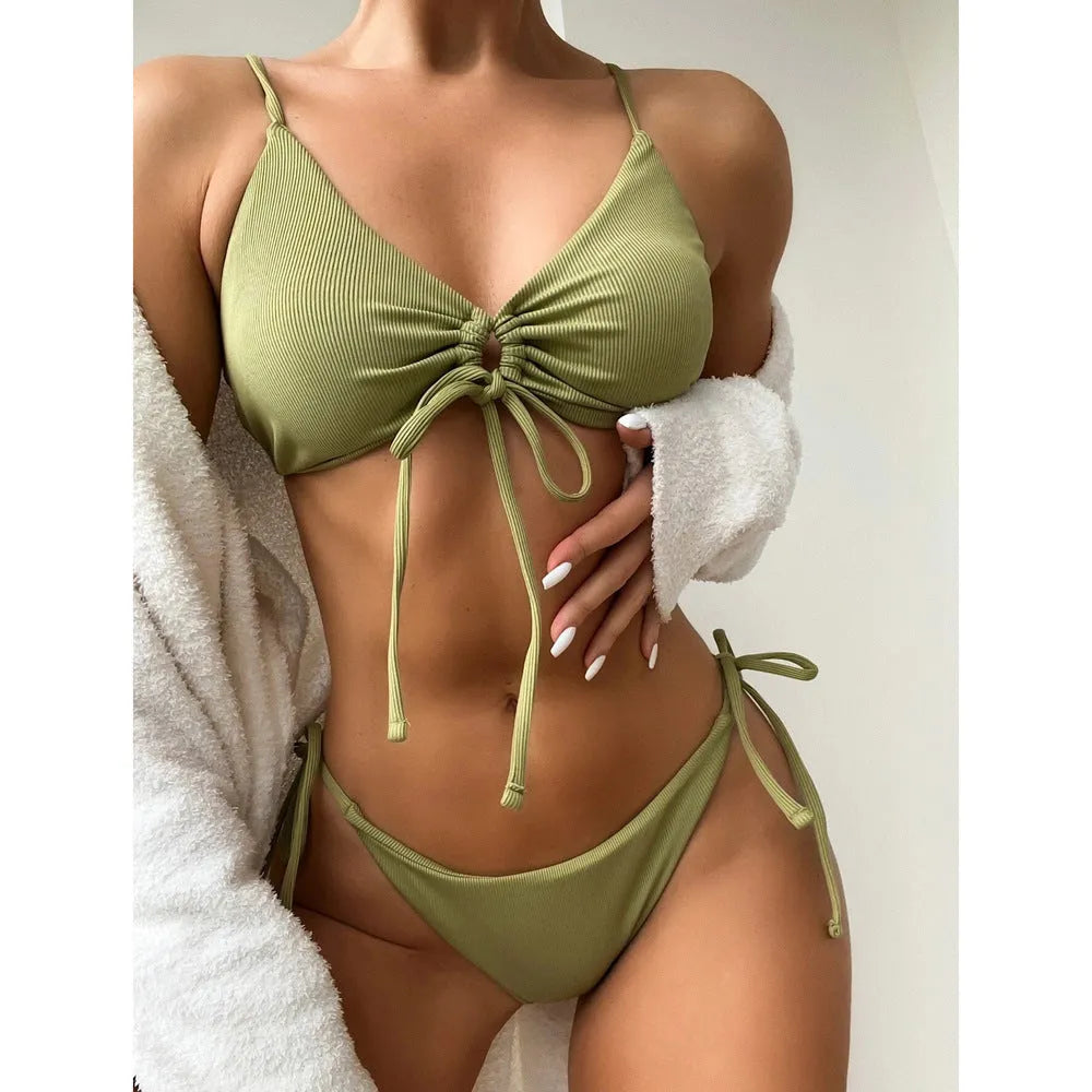 Women's drawstring bikini swimsuit in solid colour with backless briefs design