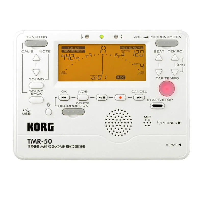 TM-60 black and white plastic electronic metronome tuner with digital display.