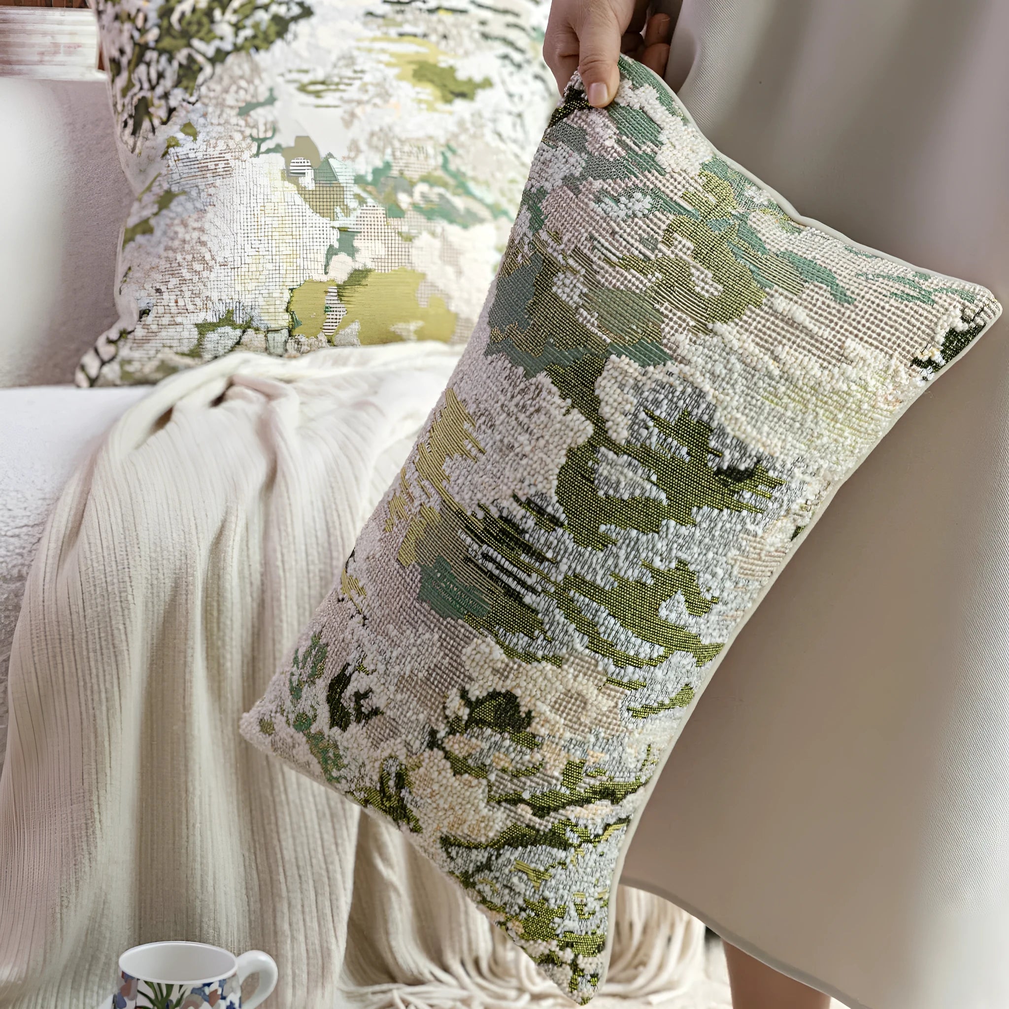 Green wool blend cushion with abstract French antique spring flower pattern, shown in square and rectangular sizes.