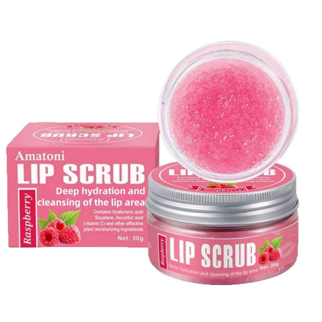 Amatoni lip scrub cream pot in coconut, raspberry, vanilla or watermelon flavour, 30g.