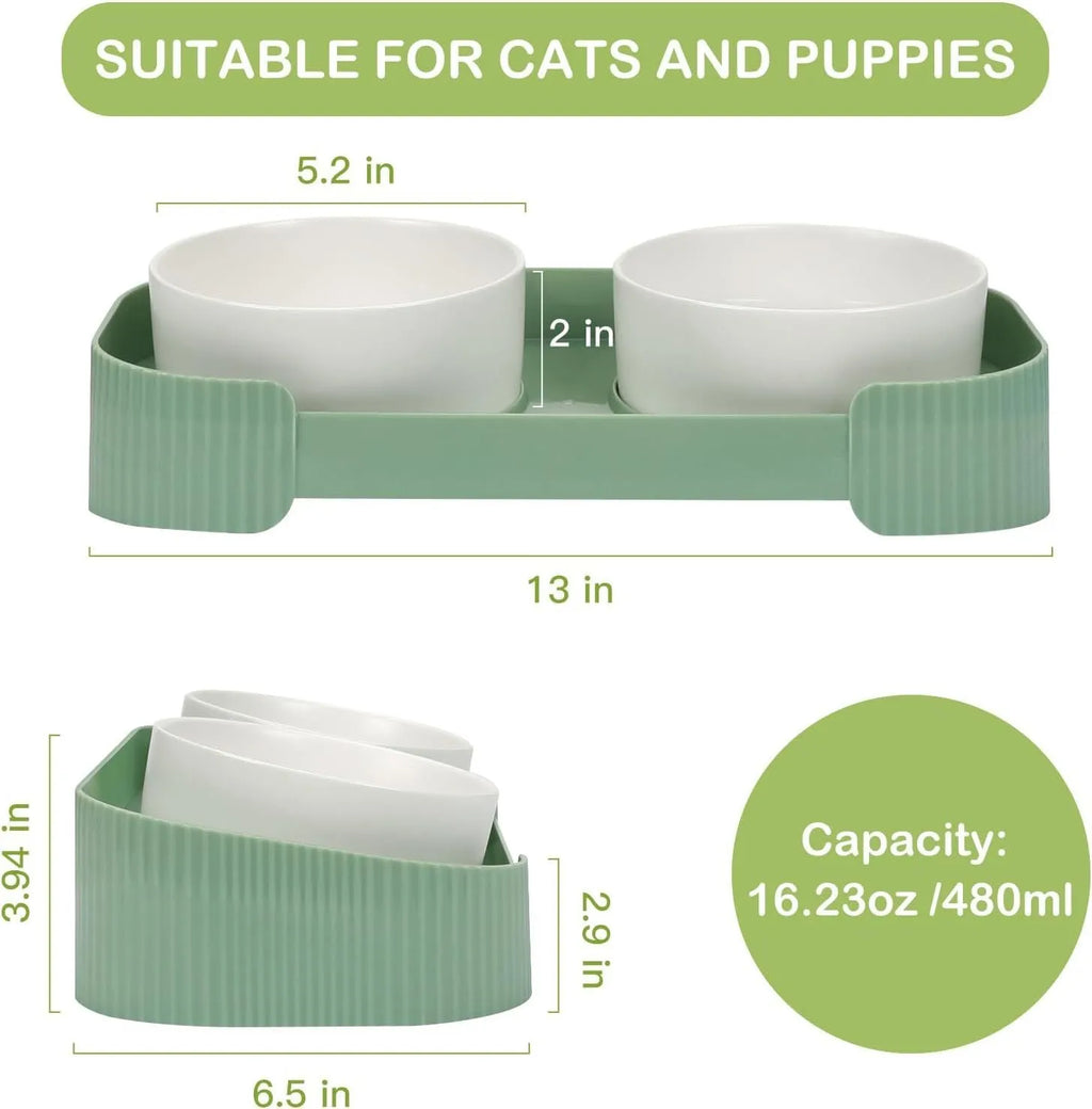 Green ceramic elevated cat bowl set with two dishes on a tilted, non-slip stand