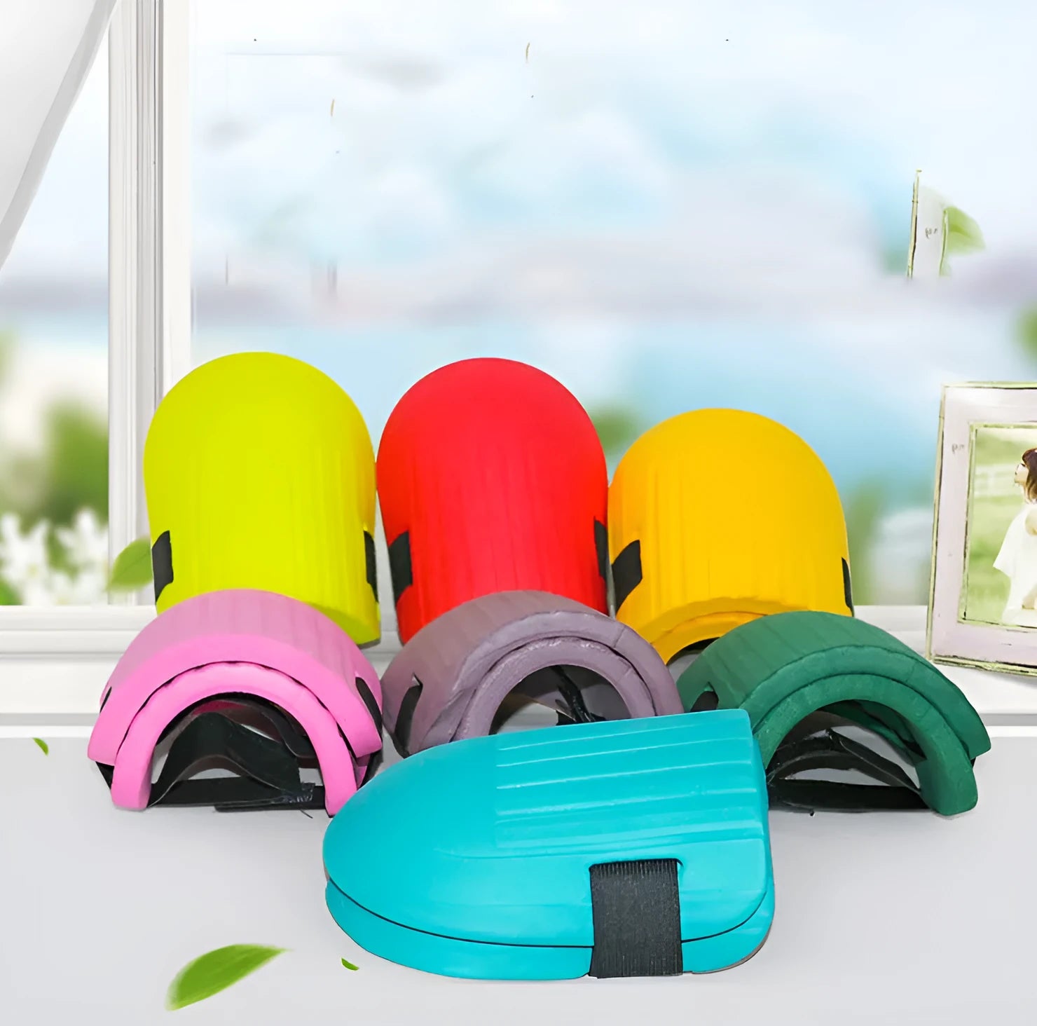 A pair of thick EVA foam knee pads for gardening, shown in one of five available colours.