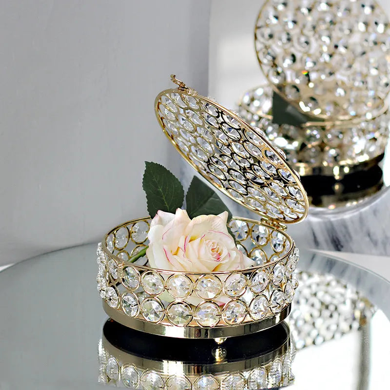 Crystal glass transparent jewellery storage box with French gold metal frame and European-style design
