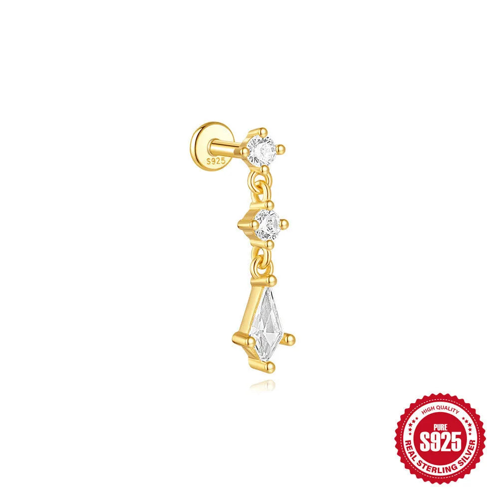 S925 sterling silver geometric kite-shaped earrings with rhinestone chain tassel in gold colour