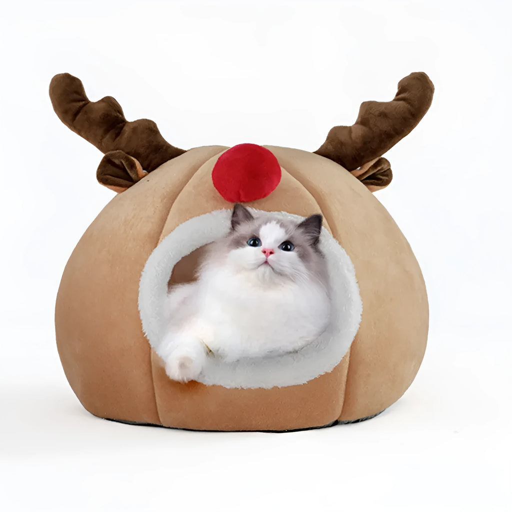 Christmas reindeer pet tent in camel colour, small size, with soft plush exterior and fleece lining