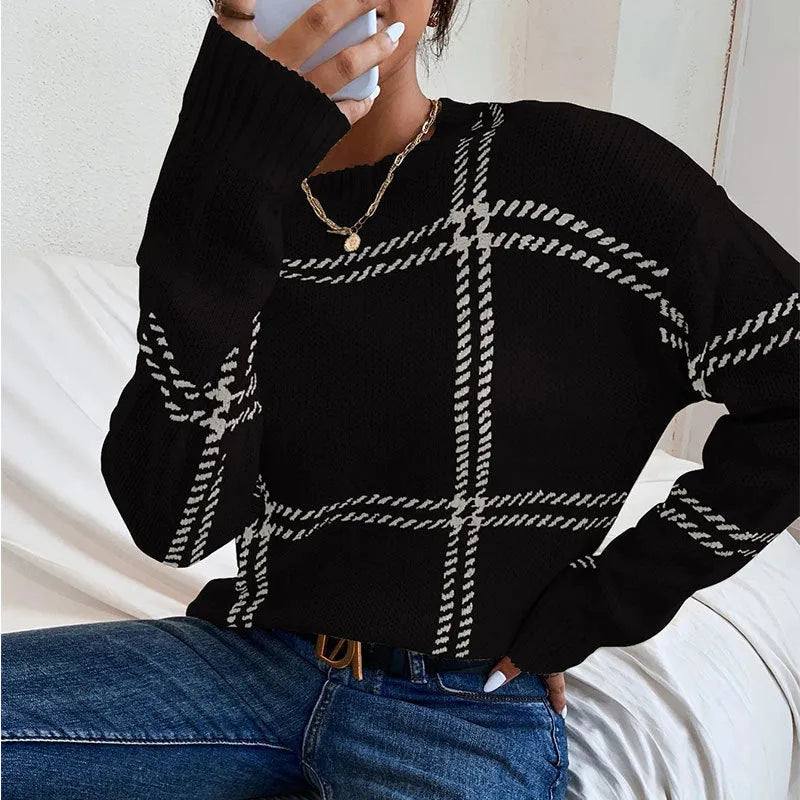 Women's loose fit plaid pullover sweater with apricot, black, beige, red, and green colour-block stripes