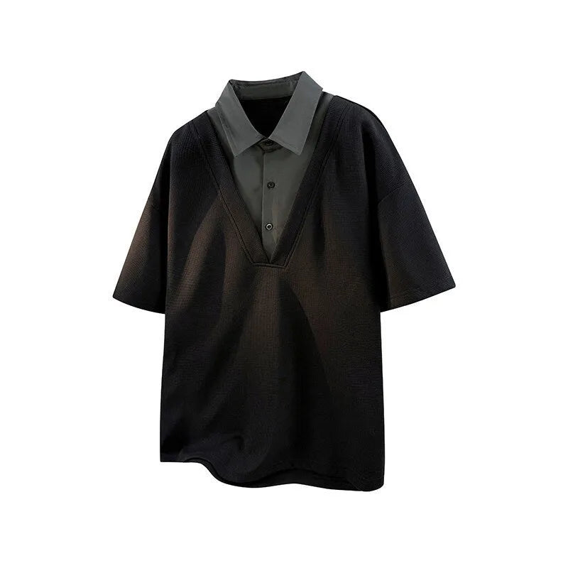 Men's heavy henley collar polo shirt sweater with padding in black spandex fabric