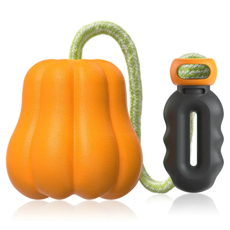 Orange plastic molar-shaped dog chew toy with a rope attached for tug-of-war play.