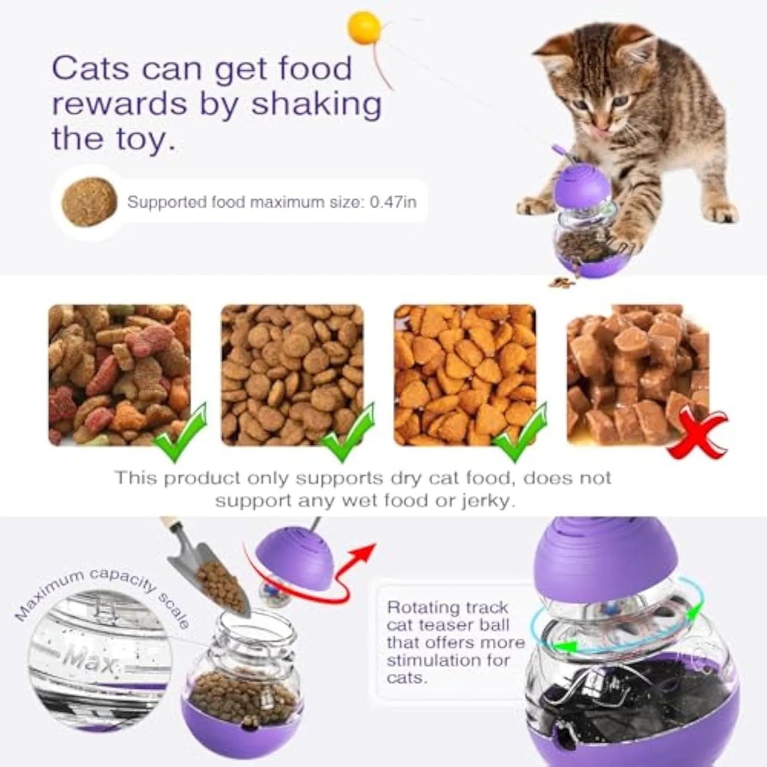 Interactive cat toy with slow food dispenser, teaser wand, and rocking base in pink, purple, or yellow