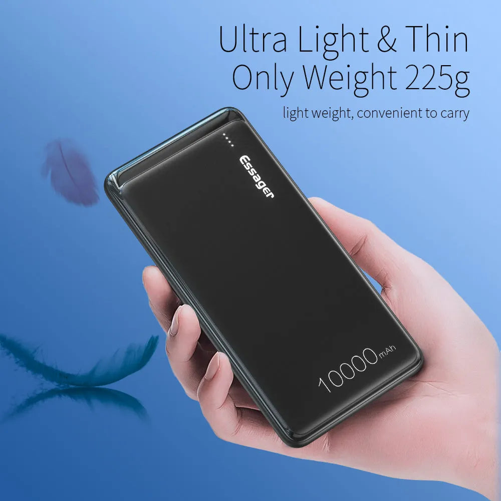 Essager Small Jane black and white 10000mAh portable power bank with dual USB ports and LED indicators.
