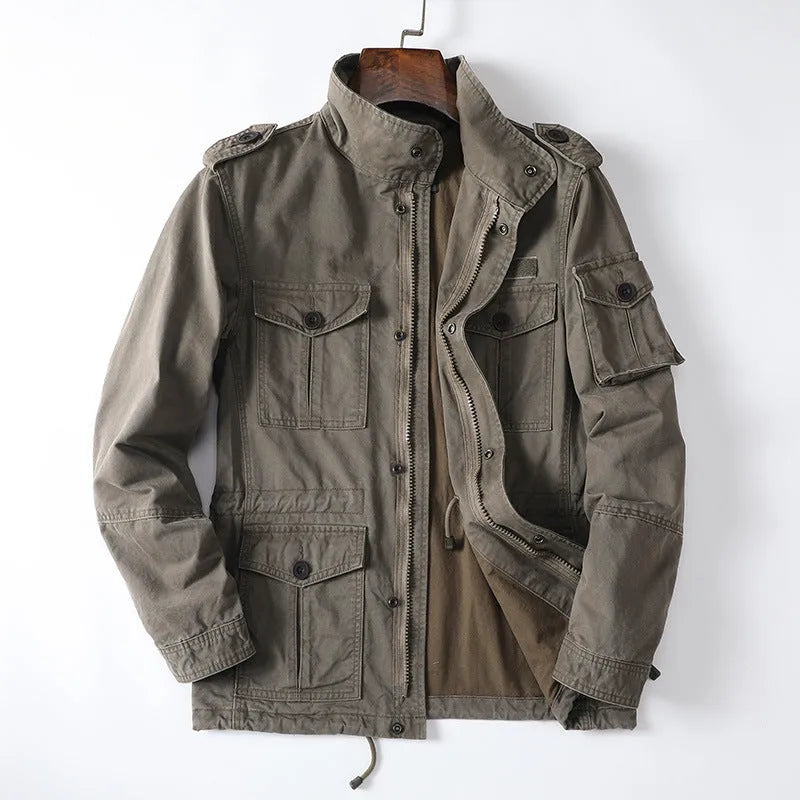 Men's loose-fit retro cotton jacket in light brown, shown with zip front closed.