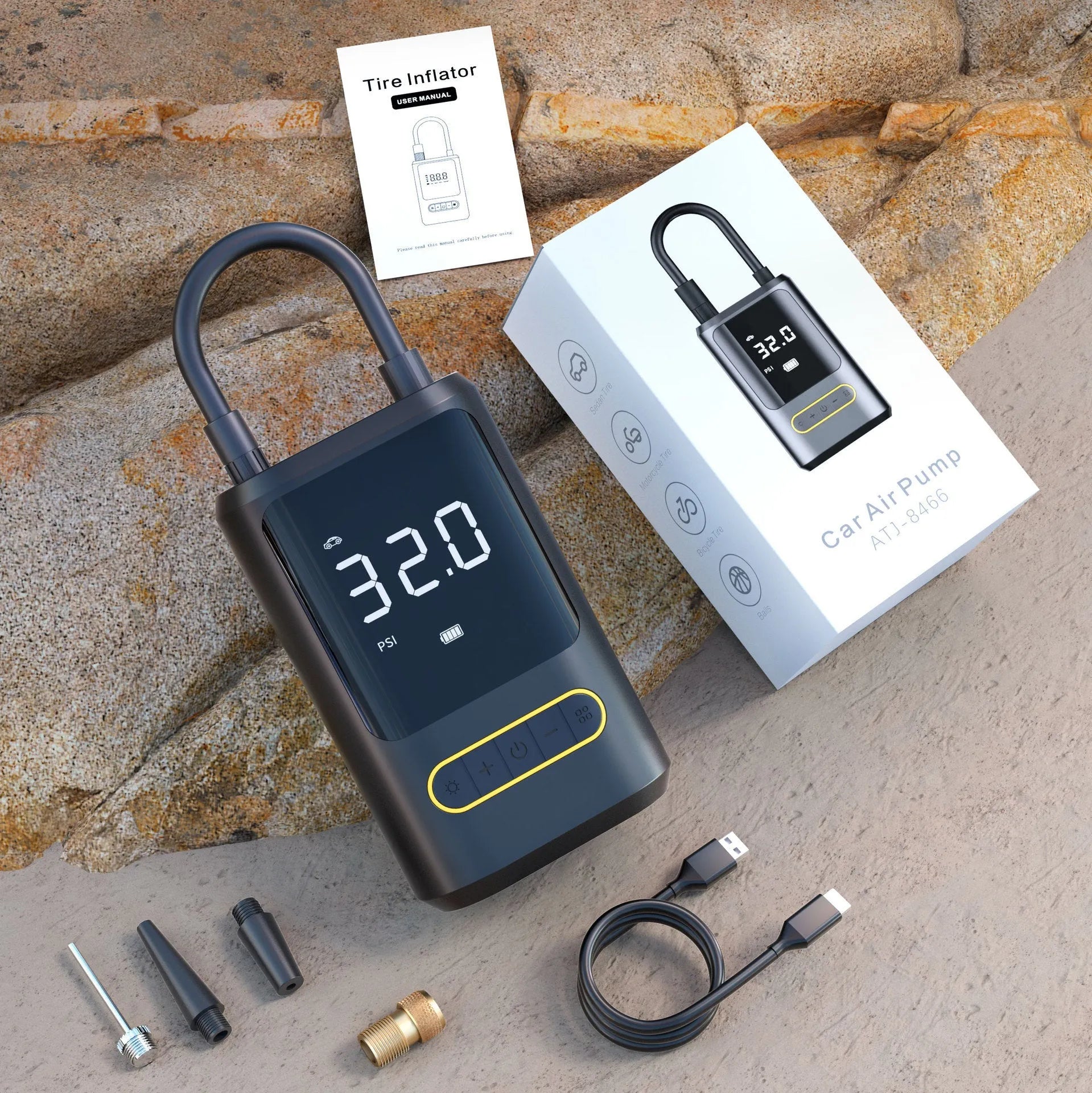 Handheld wireless digital display car tyre inflator pump with LED light and air hose