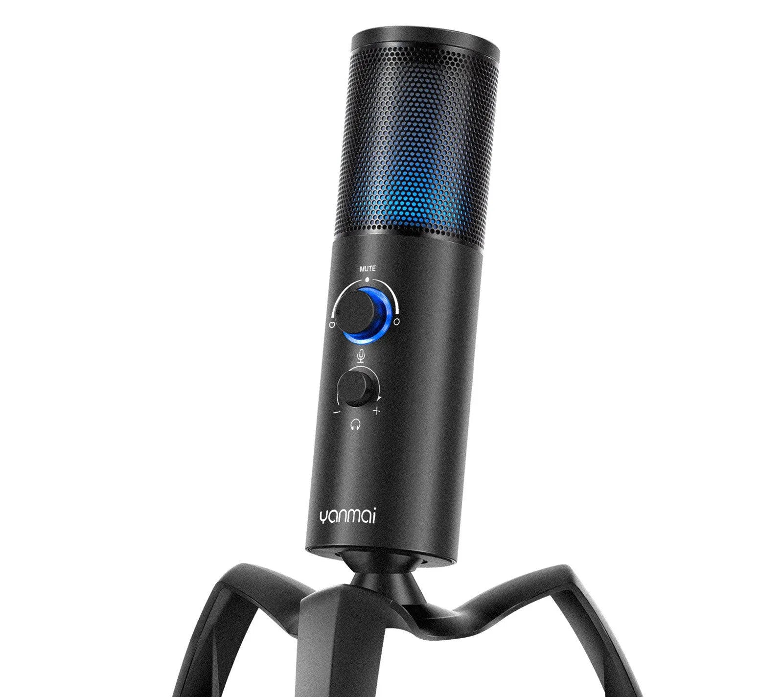 Black Q18 USB condenser microphone with RGB lights on adjustable metal tripod stand