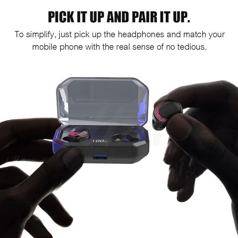Black X10 Bluetooth headset with charging case showing dimensions and battery specifications