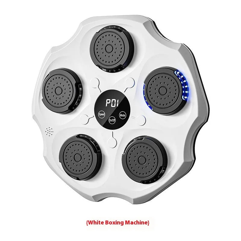 Black hanging-style boxing wall target with Bluetooth music control for home fitness.