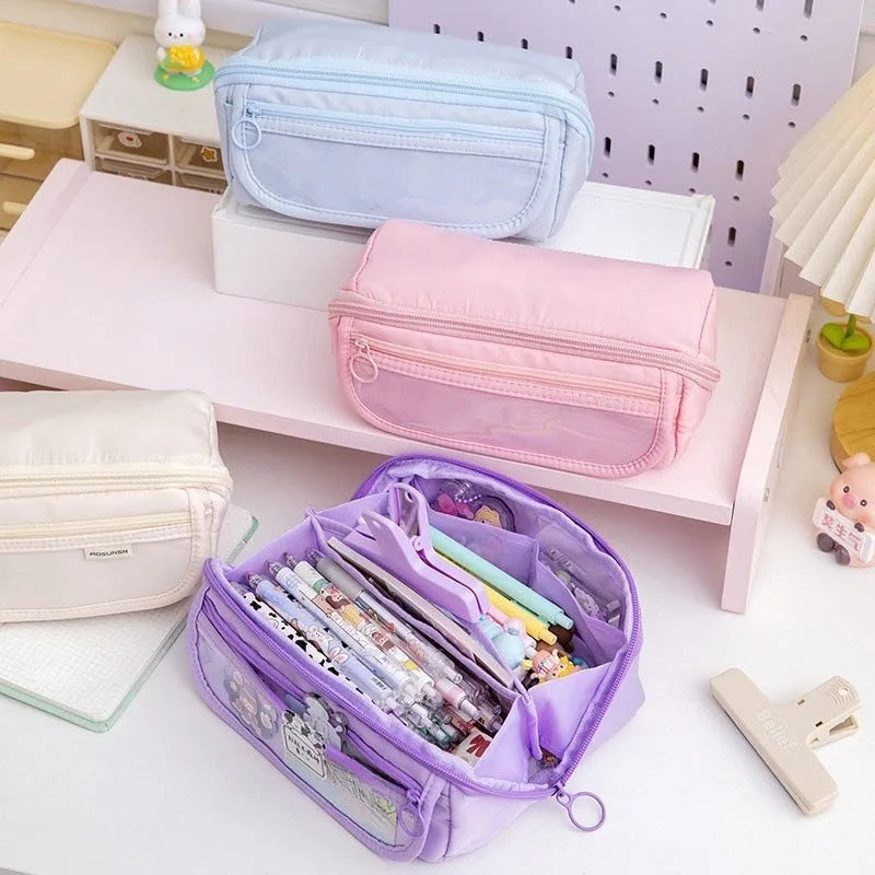 Korean style canvas pencil case with ten-layer flip design in multiple colour options.
