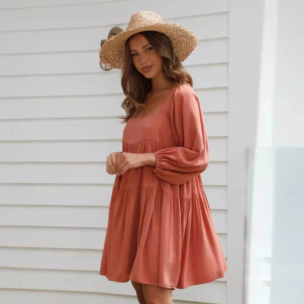 Children's backless dress with square collar and puff sleeves in solid colour