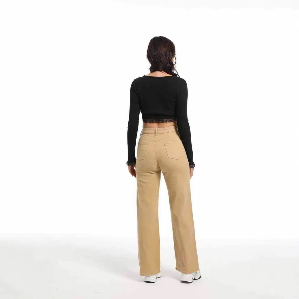 Women's high waist wide leg autumn jeans in apricot and khaki cotton