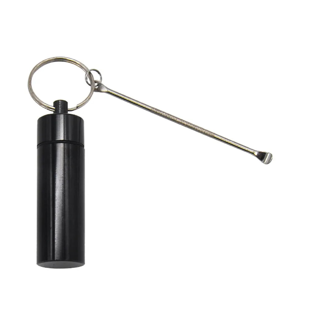 Aluminium portable medicine bottle with spoon and keychain in blue, green, red, gold, and black