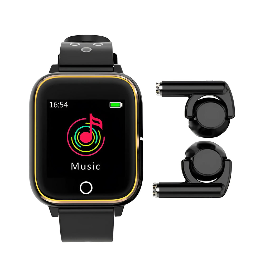 Black smartwatch with detachable Bluetooth earphones stored in the case showing a 1.4 inch screen
