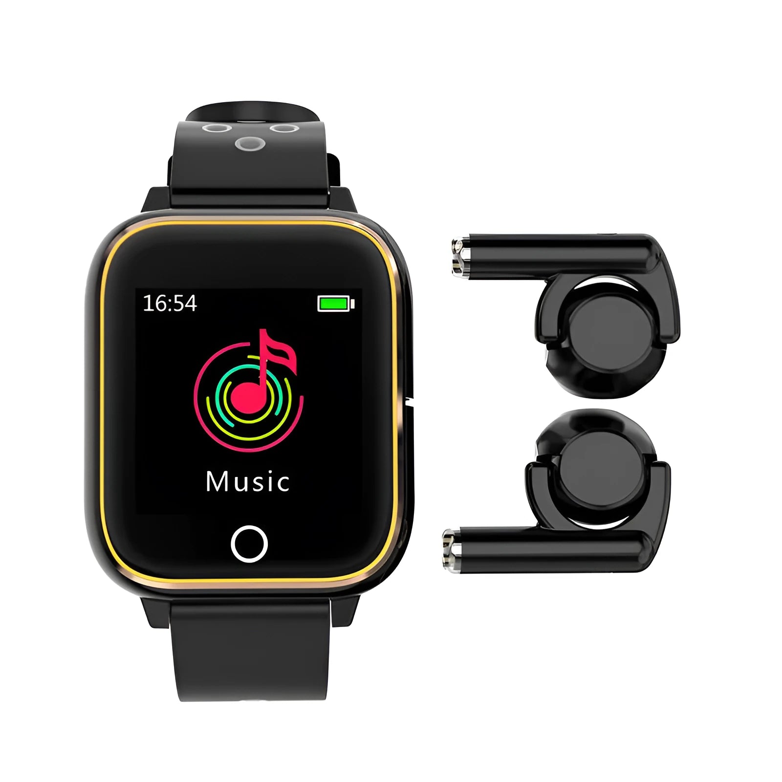 Black smartwatch with detachable Bluetooth earphones stored in the case showing a 1.4 inch screen