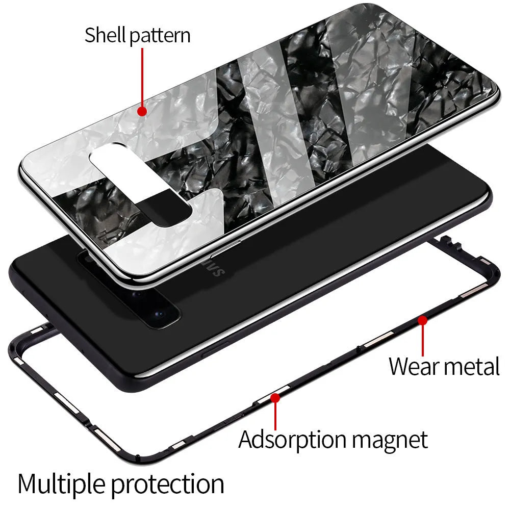 Galvanized mobile phone protective cover with magnetic king plating shell and glass texture in black