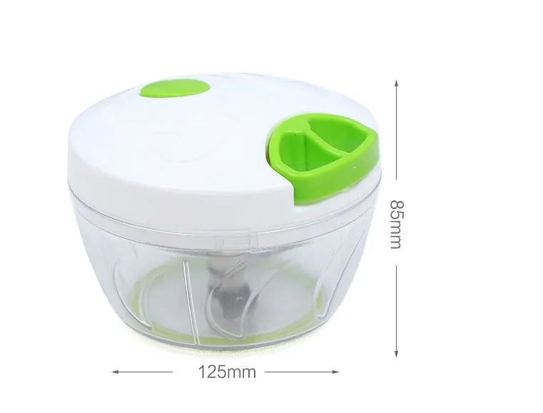 Green manual kitchen chopper with three blades and a 500ml transparent bowl.