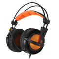 Black and white USB gaming headset with LED lights, over-ear cushions, and a padded headband.