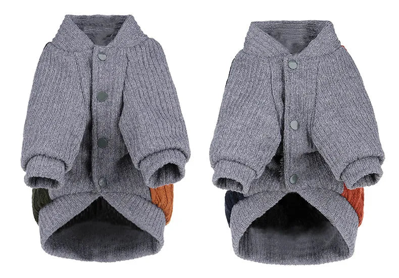 Blue dog sweater on a small breed dog showing cotton knit fabric and pull-on style