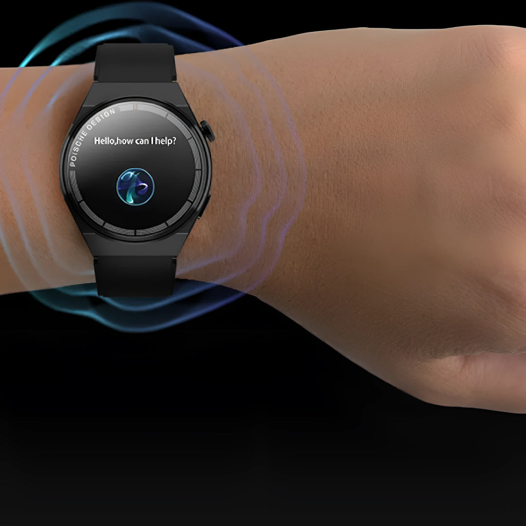 Black smartwatch with a 1.39-inch screen on a silicone strap, showing Bluetooth call and NFC payment functions.
